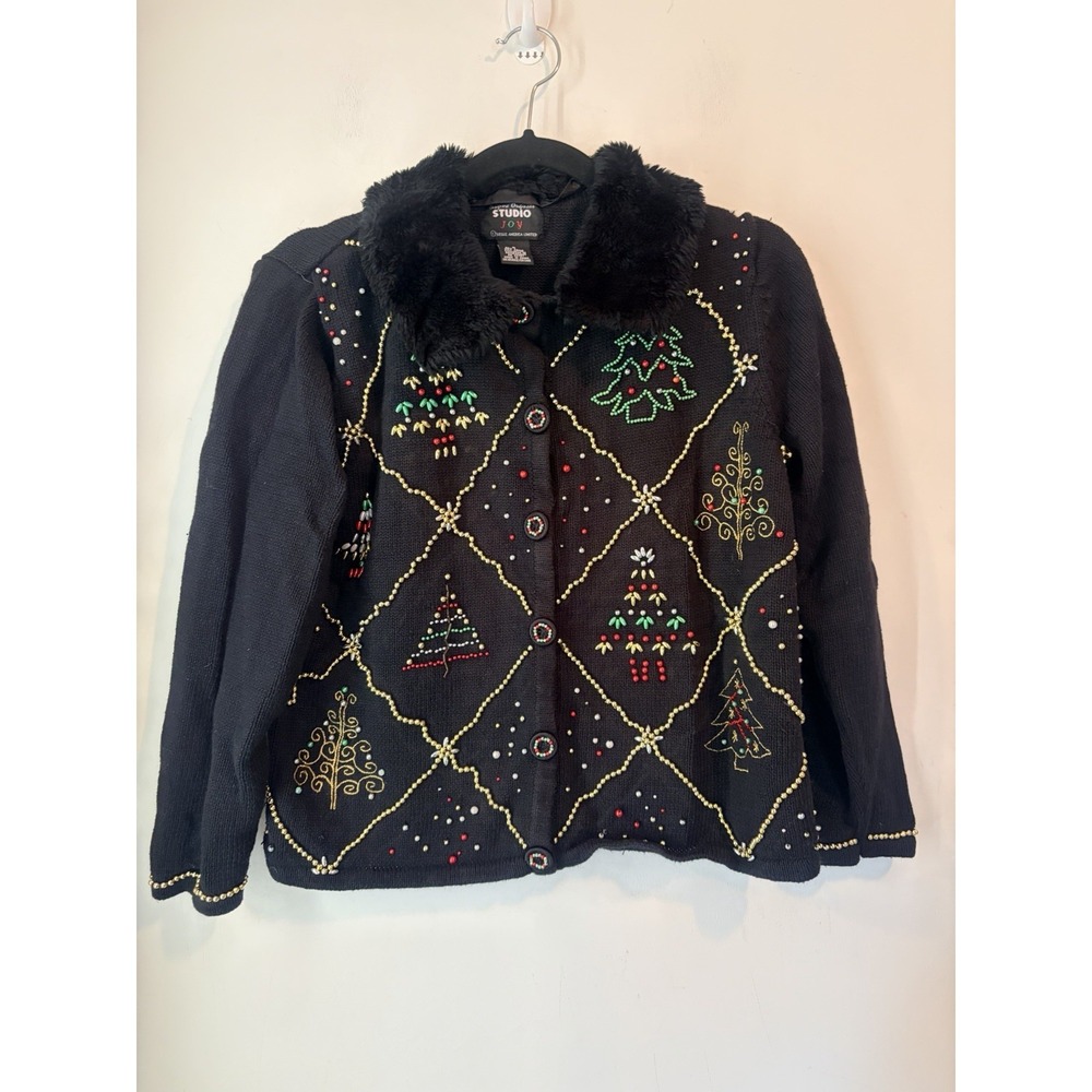 Vintage 90s Ugly Christmas Sweater Cardigan Fur Collar‎ Beaded Small Studio Joy